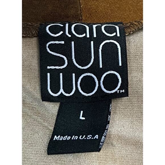 Clara Sun Woo Top Crossover Faux Wrap Size Large Mustard Navy Long Sleeve Work - Picture 7 of 9